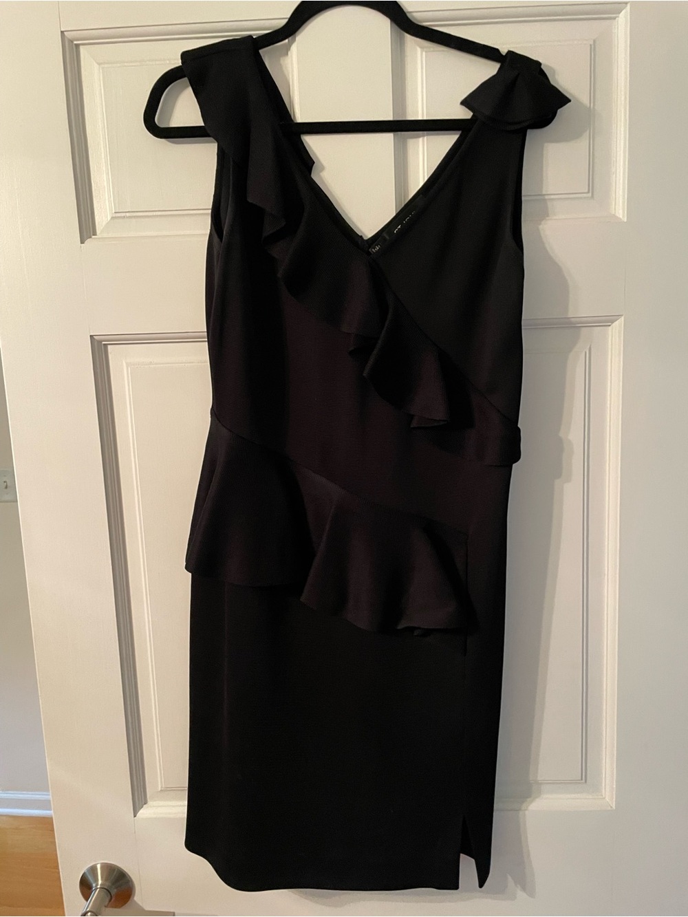 St. John Knits Black Luster Knit Sheath Dress with Ruffles Size 8